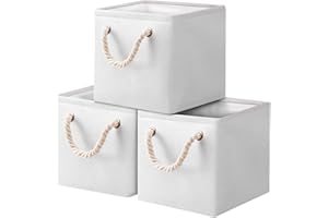 Yawinhe Foldable Storage Basket 3 Pack, Collapsible Storage Bins with Rope Handles, Wardrobe Organiser, for Sorting Clothes, Family Items, 28x28x28cm, White, SNK004WS