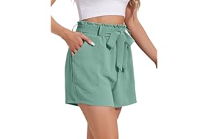 Heersan Bermuda Short Femme Été Chic Pantalon Court Taille Haute Élastique Élégant Short Ceinture avec Poche Léger Casual Shorts, S-XXL