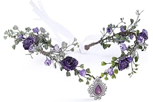 MOSTORY Purple Woodland Floral Elf Headpiece - Flower and Leaf Fairy Wreath Headband V-shape Adjustable Ribbons Crown with Crystal for Renaissance Cosplay Christmas Wedding Party Bridal Women Girls