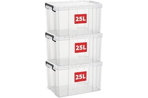 Cetomo 25L*3 Storage Boxes, Stackable Storage Box with Lids, Heavy-Duty Lidded Container with Reinforced Corners, Vertical Sides and Clip Closure, Durable, Plastic, Clear, 25L-3Pack