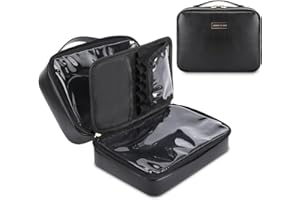 HERYEBING Kosmetyczka podróżna o dużej pojemności, wodoodporna kosmetyczka ze skóry PU, damska przenośna podróżna kosmetyczka z uchwytem i przegrodą, płaska torba do makijażu, Czarny