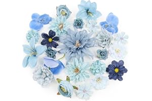 LARDUX 24 PCS Artificial Flower Heads-Craft Fake flower Decoration Mini Silk Blue Flower Heads Bulk Mix for DIY Wedding Party Hair Accessory Scrapbooking Home Decor