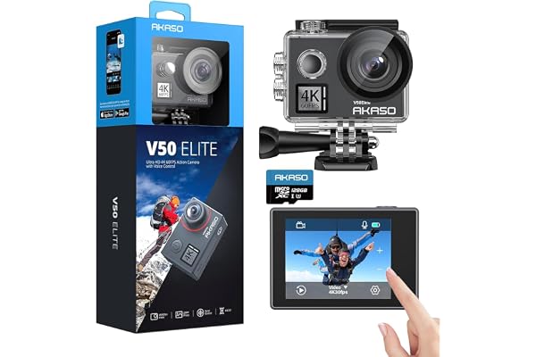 AKASO V50 Elite Caméra Sport 4K 60fps avec Carte Mémoire MicroSDXC 128Go, 20MP Vocale Ecran Tactile EIS Action Camera Etanche sous Marine Angle Vision Réglable 8X Zoom 2 Batteries et Kit d'Accessoires