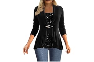 JSijepa Women's Fashion Square Neck Sequins Splicing Waisted Shirt Autumn and Winter Casual Ruffle Hem Pullover T-Shirt Loose Elegant Ladies Sparkly Festival Party Tops