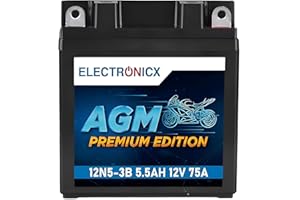 Electronicx, AGM, Premium Edition 12N5.5-3B 12V 5,5Ah 75A CCA Motorradbatterie – wartungsfrei, versiegelt, kompakt, zuverlässig, hochwertig, kompakt 118 x 58,4 x 129 mm – Roller, Mofa,Quad & Motorrad