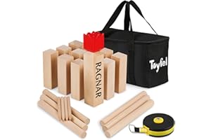 Toyfel Original Jeu de Kubb XXL –Jeu en Bois Massif FSC® avec Sac de Transport & mètre Ruban - Jeu Viking Exterieur - Jeu de quille Nordique – Ragnar