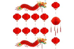 SUYEAH 3D New Year Dragon Garland Decoration with Ball & 10PCS Red Plastic Lanterns Chinese New Year Decoration Home Ceiling Hanging Ornaments for Lunar Spring Festival Party Supplies