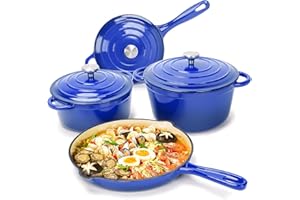 Denmay Batterie de cuisine en fonte émaillée – 7 pièces avec four hollandais, poêle à frire, casserole à sauce avec 3 couvercles, kit de four hollandais pour tous les types de feux, marmite à pain