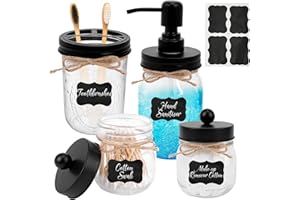 ANZOAT Badezimmer Zubehör Set Glas 4-teilig mit Zahnputzbecher Seifenspender,2Pcs Wattestäbchen,Badezimmer-Accessoires-Set für Make-up Schwämme,Badesalz（Schwarz）