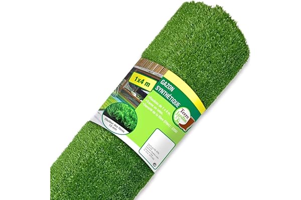 TERRE JARDIN - Gazon Synthétique, Rouleau 1 x 4 m - Gazon Artificiel, Réaliste, Hauteur Fibre 1 cm - Densité 2200 Dtex - Trame en Latex Noir - Faux Gazon Exterieur, pour Balcon, Terrasse, Jardin