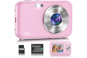 AUREAPIX Macchina Fotografica Digitale con scheda da 32GB, 1080P 44MP Fotocamera Digitale Compatta con Zoom Digitale 16X Flash e Batterie, Ricaricabile Fotocamera per Bambini, Adulti, Principianti (Rosa)
