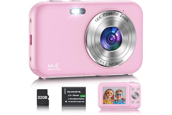 Appareil Photo Numérique avec Carte 32Go, 1080P 44MP Appareils Photo Compact avec 16X Digital Zoom et Batterie, Rechargeables Caméra pour Enfant,Adolescent, Adulte, Débutant (Rose)