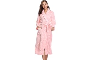Vlazom Ladies Dressing Gown, Flannel Soft Robe Warm Fluffy Bathrobes with Hooded or Shawl Collar Long Robe for Cold Day UK 6-28