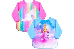 NIDOUL OFFICIAL Nidoul 2Pcs Kids Art Aprons, Toddler Artist Painting Aprons with 3 Pockets, Unicorn Rainbow Art Smock for Children Age 2-7 Years…