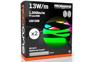 Eurocali 2x Striscia LED Multicolore RGB LED COB 65W - in Bobine da 5mt IP20 da Interno Fascio Luminoso 120°