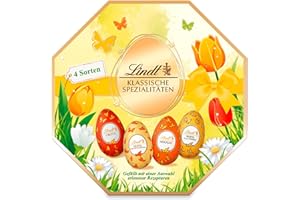 ‎LINDT Lindt Schokolade Klassische Spezialitäten Eier | 144 g | Vollmilcheier mit und ohne Alkohol (Marc de Champagne, Nougat, Cresta, Vanille Trüffel) | Oster Schokolade | Schokoladengeschenk | Ostereier