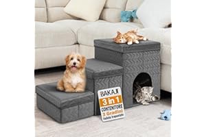 BAKAJI Scale per Cani e Gatti 3in1 Pieghevole in Velluto Trapuntato Grigio Scuro, Scala per Animali Domestici Multifunzione Vano Contenitore e Cuccia Casetta, Gradini Ergonomiche con Fondo Antiscivolo