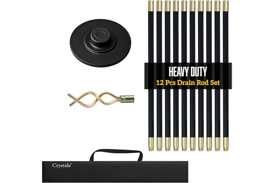 Crystals Drain Rods Set, Drainage Rods for Outside Drain Flexible, 12 Pcs / 9.2M Drain Unblocker with Heavy Duty Rubber Plunger & Double Worm Screw, Drainage Rods for Drain Cleaning with Carry Bag