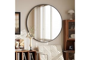 BEAUTYPEAK Miroir Mural Rond de 76 cm - Noir - Décoratif - avec Cadre en Aluminium - Incassable - À Suspendre et à s'appuyer - pour Chambre à Coucher, Salle de Bain, Salon