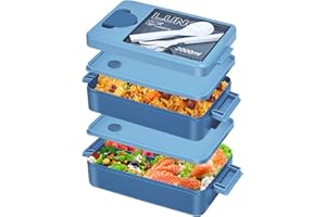 Anykuu Lunch Box 2000ML Porta Pranzo con 2 Strati e Posate Bento Box Ermetico Sicuri per Bambini e Adulti Schiscetta Pranzo Senza BPA per Microonde e Lavastoviglie