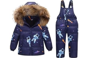 JIAMY Niño Niña Conjunto de Esquí, Chaqueta con Capucha + Pantalón de Esquí Impermeable Traje de Nieve 2 Piezas Traje de Esquí Abrigos de Pluma Pantalones de nieve de Babero, Azul Oscuro 3-4 Años