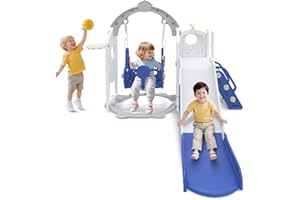 ‎FROADP Froadp 6-in-1 Kinderrutsche für Kleinkinder ab 1 Jahr, Indoor und Outdoor, Freistehende Rutsche aus HDPE & PP, mit Schaukel, Kletterleiter, Stauraum, Basketballkorb und Spielteleskop, bis 50kg