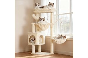 Heybly Kattträd, 100 cm liten hög kattgriffelställ med stor plattform, grotta, 2 hängmattor, kattleksaker, kattmöbler, klor, beige HCT006SM