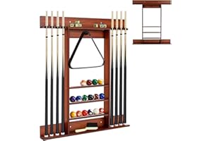 GYMAX Soporte para Tacos de Billar de Madera de Pino, Soporte para Tacos de Billar para 8 Tacos, 15 Bolas de Billar y Accesorios de Billar, Accesorios de Mesa de Billar para Sala de Billar, Bar, Club