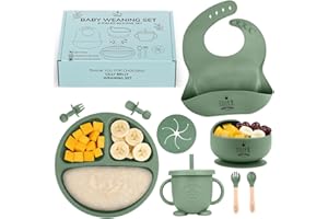 LILLY BELLY Baby Weaning Set – 9pc BPA Free Silicone Weaning Set with Suction Weaning Plate, Weaning Bowls, Sippy Cup, Weaning Bib, Weaning Spoons – Baby Led Weaning Kit for Babies & Toddlers (Sage Green)