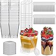 MerryNine 100 Pack 150ml/5.4oz Mini Dessert Cups, Clear Plastic Dessert Cups with Lids and Spoons, Parfait Appetizer Cup, Reusable Dessert Cups for Party, Pudding, Mousse, Angled Round and Trapezoid