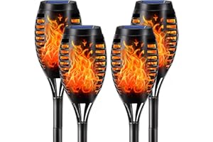 ‎LQWELL LQWELL Latarki solarne do ogrodu zewnętrznego, 4 sztuki, 12 diod LED, realistyczna lampa ścieżkowa z płomieniem, wodoodporność IP65, do trawnika, patio, dziedzińca (4 sztuki)