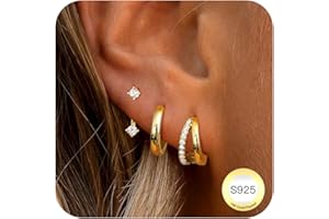 LOLIAS 3Pares Pendientes Mujer Plata de Ley 925 Chapada Dorados Pendientes Pequeños CZ Pendientes Aro Piercings Oreja