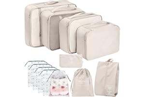 YORFULL 12Pcs Packing Travel Cubes for Suitcase Luggage Organizers with 5 Drawstring Bags,Suitcase Organiser Bag with Waterproof Shoe Storage Bag Compression Pouches