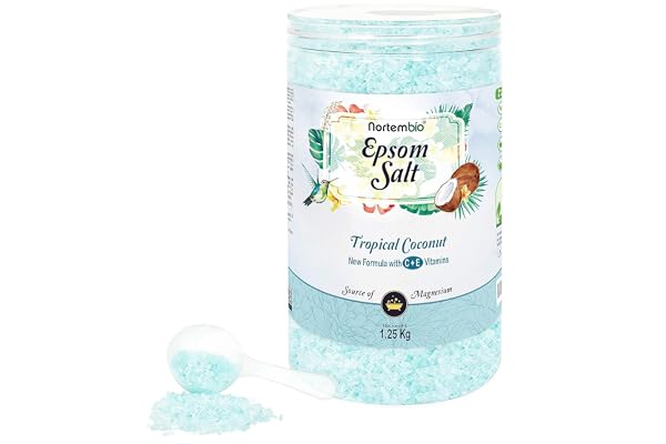 Nortembio Sels d’Epsom 100% Parfum Noix de Coco Tropicale 1,25 kg – Source Naturelle de Magnésium | Avec Vitamines C et E Hydratantes | Pour Bains Relaxants, Spa et Soin de la Peau + E-Book Gratuit