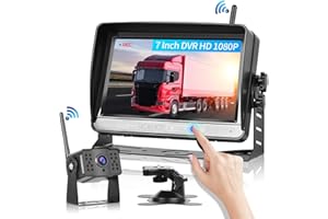 HODOZZY Cámara de Marcha Atrás Inalámbrica, DVR Kit Monitor LCD de 7 Pulgadas Tecla Táctil, Grabación Video, Camara Visión Trasera Visión Nocturna Impermeable, 12V-36V para Autobús/camión/Caravana/Furgoneta