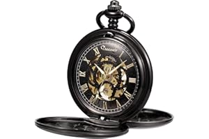 TREEWETO Montre de Poche, Unisexe, avec chaîne à remontage analogique, mécanique et Double charnière, Motif Romain gravé, Antique, Noire