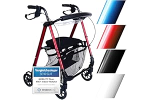 ‎MOBILITY PLUS+ Mobility Plus+ Indoor Rollator IR10+ Rot - Wohnungsrollator Leichtgewicht, schmal & faltbar - Sitz & Griff höhenverstellbar - Gehhilfe für Senioren inkl. Rückengurt, Netztasche & Tablett