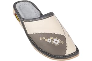 APREGGIO Kapcie Damskie Skórzane z Kwiatowym Wzorem, Antypoślizgowa Gumowa Podeszwa, Rozmiary 36–41 – Wygodne Pantofle Domowe