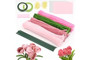 KUNAXKU Lot de 300 nettoyants à fleurs avec tube - 4 couleurs vives avec fil vert, ruban et feuilles décoratives | Idéal pour la floristique, la décoration de table et l'artisanat | Cadeau parfait pour les