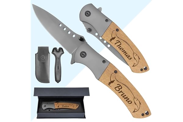 KDO MAGIC - Couteau de survie personnalisé - Prénom gravé - Lame de sécurité personnalisable - Manche en bois gravé - Cadeau Saint-Valentin - Idée cadeau homme, papa, anniversaire (Modèle Poisson)