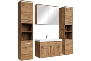 BADPLAATS B.V. Badplaats Badmöbel Komplettset Paso XL LED 80 x 40 cm Eiche - Badezimmermöbel mit Waschbecken, Spiegelschrank und 2 Badezimmerschränke