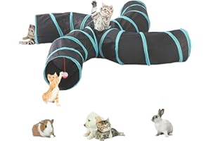 AVASEE Tunnel per gatti, pieghevole, leggero, a 5 vie, con pompon e campanelle, giocattolo interattivo per gattini, coniglietti, cuccioli, furetti, porcellini d'India