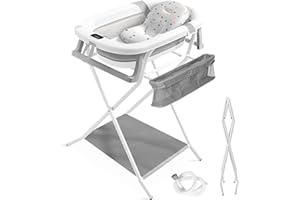 JUPPLIES Bañera Plegable Bebé con Estructura Metálica y Tubo de Drenaje - Bañera con Cojín Ergonómico, Patas Antideslizantes y Termómetro Digital (Gris)