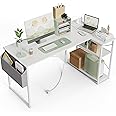 BEXEVUE Small L Shaped Desk with Power Outlets - 100x70cm Corner Computer Desk Writing Table, Reversible Large Storage Shelves, Bookshelf Workstation for Study Play Work Bedroom Home Office White