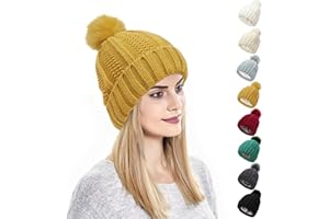 Kunyeah Berretto invernale da donna lavorato a maglia con pompon foderato in seta satinata, caldo cappello a tinta unita per donne e ragazze