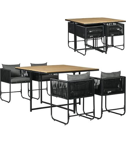 Salon Jardin 6 Personnes Outsunny - Table Acacia Et Fauteuils Résine Noirs