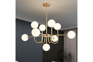 ‎JUJUQI JUJUQI Moderne Sputnik Kronleuchter mit 9 weißen Glaskugeln, Gold Deckenleuchte, Vintage Pendelleuchte, halb eingebaute Deckenlampe für Wohnzimmer Schlafzimmer Küche und Esszimmer