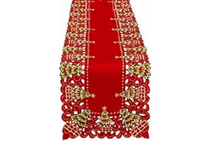 Grelucgo Embroidered Christmas Holiday Holly Tree Table Runner, Dresser Scarf, Rectangular 15 x 54 Inch