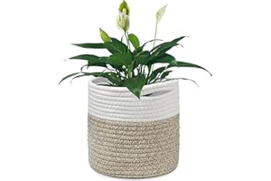 Tenn Well 20 cm Blumentopf mit Einsatz, Baumwolle, Innen-Pflanzgefäß, gewebter Aufbewahrungskorb für Zimmerpflanzen, Blumentopf und Heimdekoration (Weiß und Khaki)