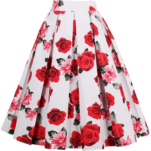 Girstunm Women's Pleated Vintage Floral Print Midi Skirt - A-Line With Pockets, Black White Dot, X-Small